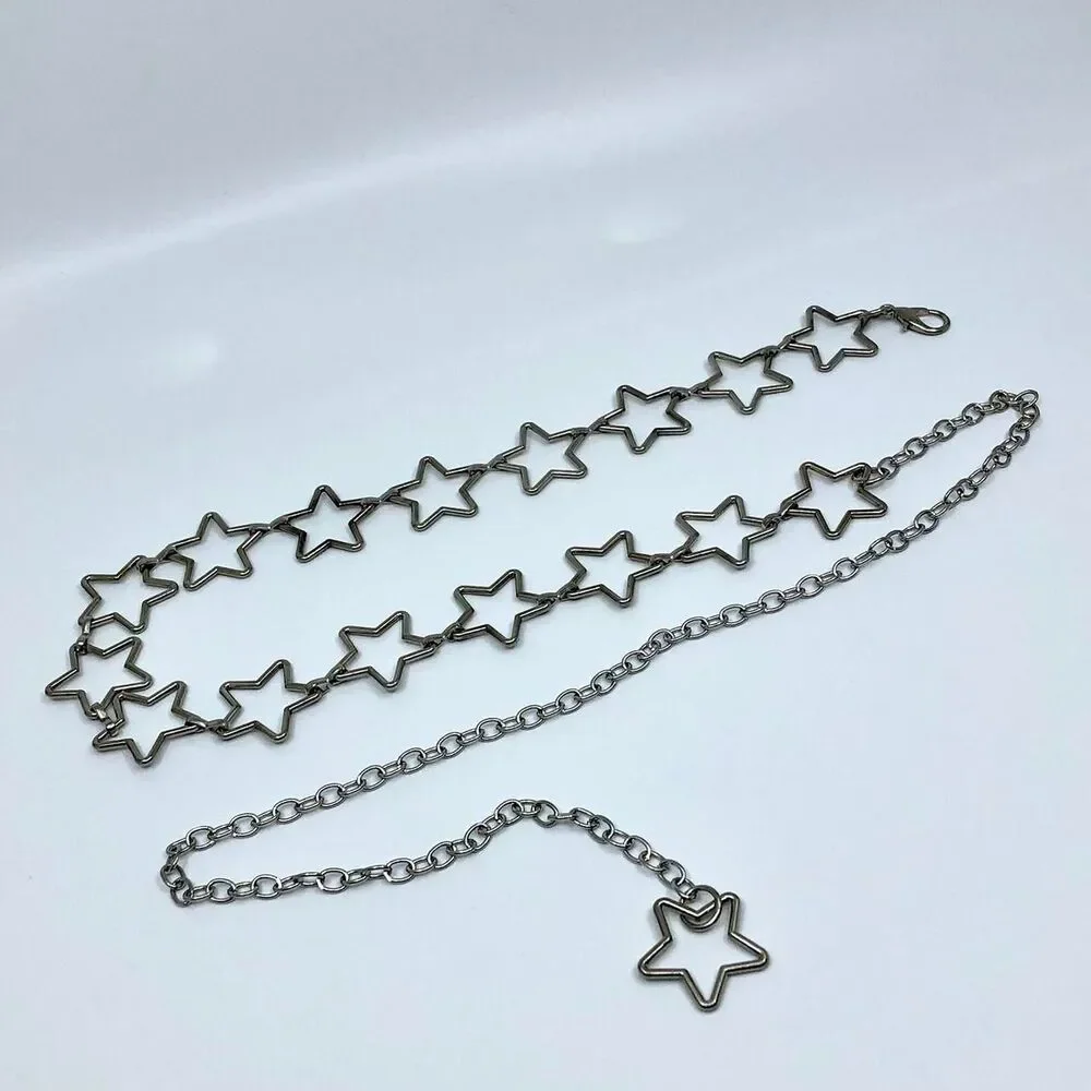 Vintage Y2K Cyber Star Silver Chain Belt, Fits 20.5–39.5 Inches, X7GA1177